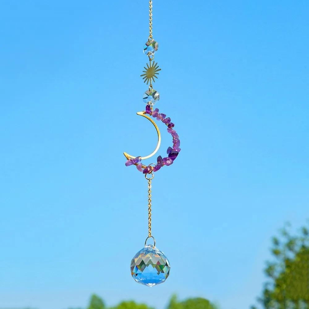 New Crystal Wall Hanging Crystal Suncatcher Raw Stone Shape of the Moon Crystal Wind Chime Colourful Moon Prism Pendant Garden
