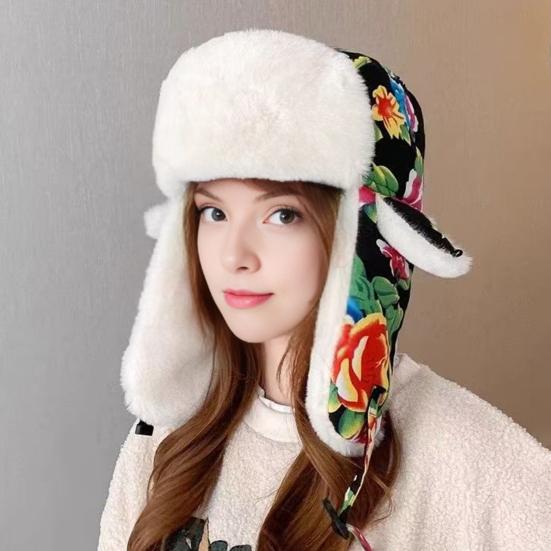 Lei Feng Hat Floral Pattern Thickened Plush Lining Northeastern Hat with Wide Brim Earmuffs Winter Outdoor Headwear