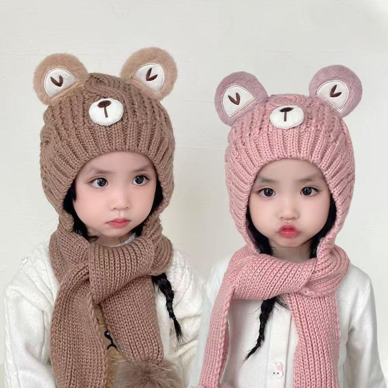 Children's hats autumn and winter baby scarves integrated warm ear protective wool hats boys and girls thickened knitted pullover hats