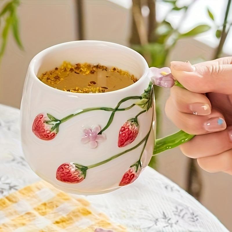 3D 350ml Handmade Ceramic Strawberry Coffee Mug with Saucer Set, Relief Floral Design, Kawaii Tea Cup