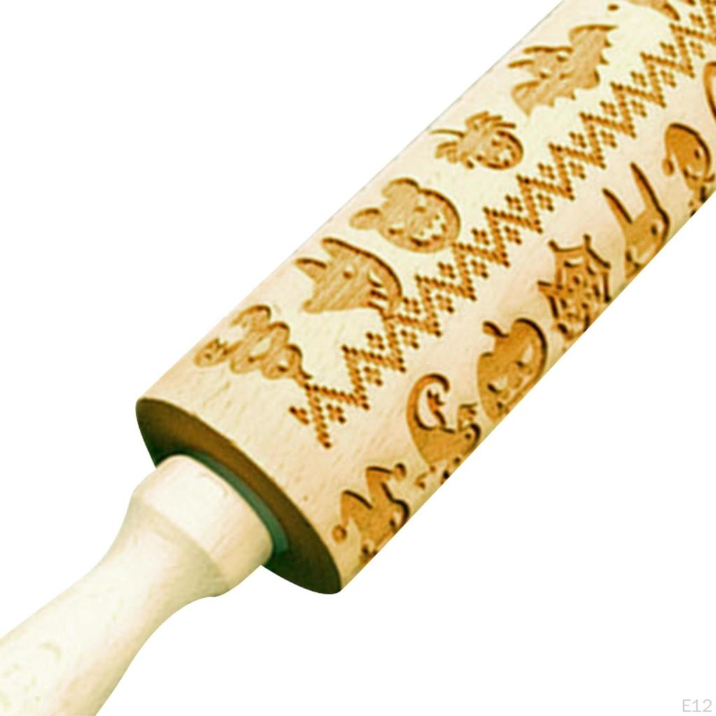 Tłoczony wałek drewniany do ciasteczek drobno teksturowany o tematyce świątecznej Halloween