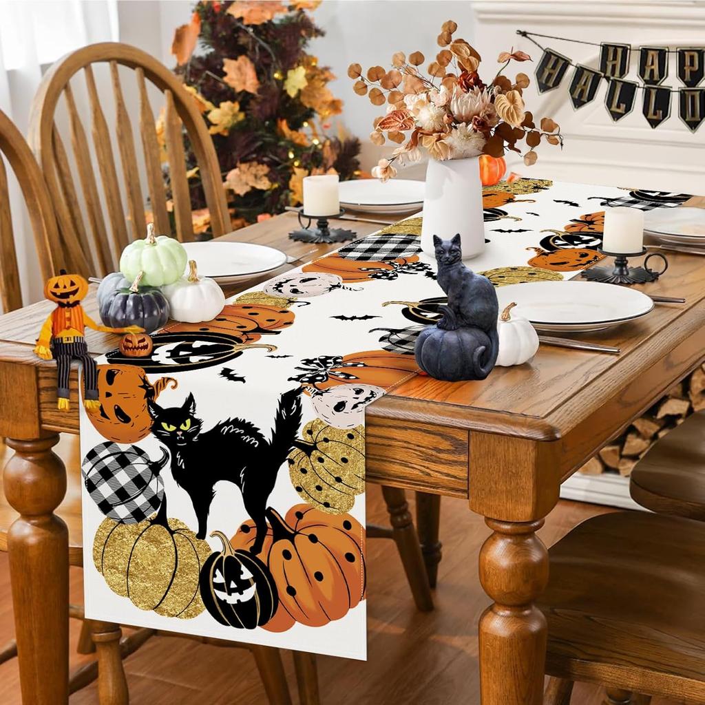 Bonhause Pumpkin Halloween Table Runner 13x60 Inch Jack-O-Lantern Black Cat Bat Spooky Kitchen Dinning Table Decoration for Fall Indoor Outdoor Home