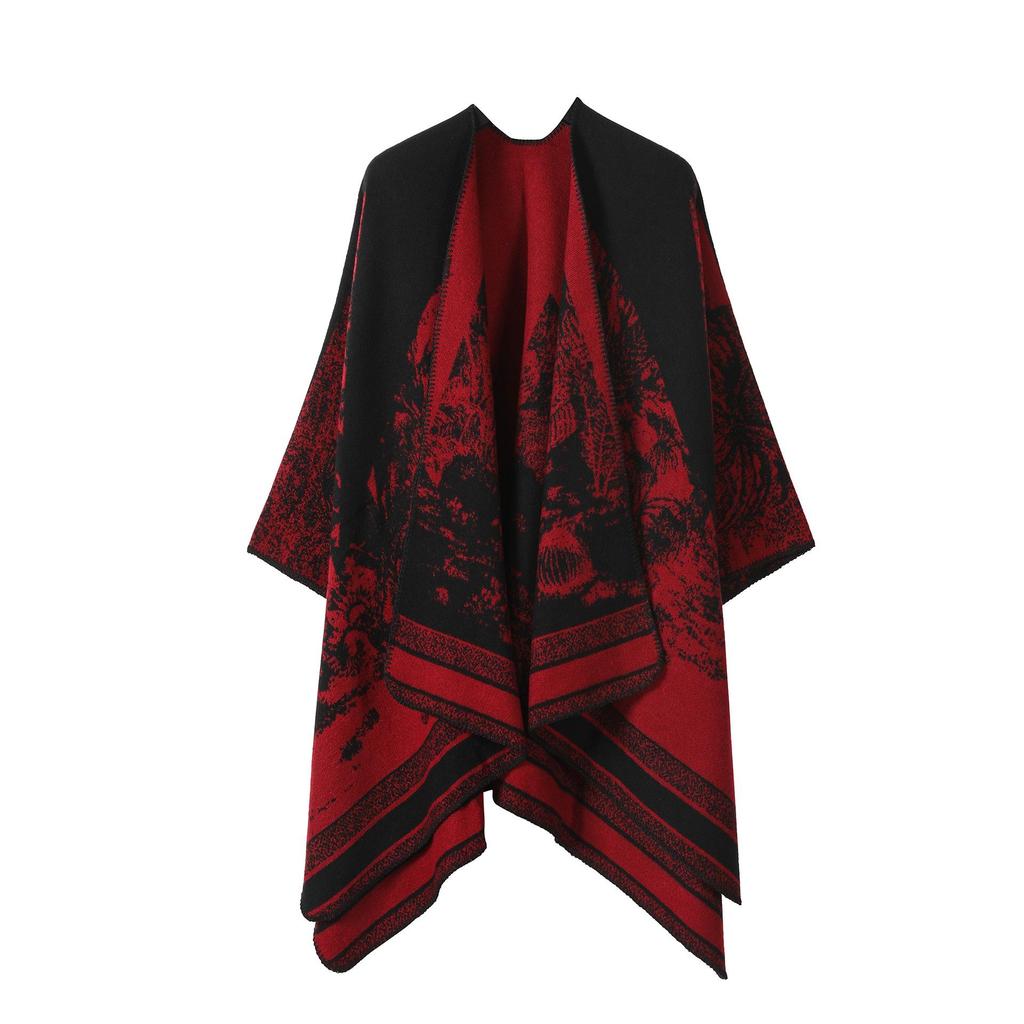 Women's Double-Sided Tassel Shawl Cloak - Classic Slit Design, Warm Travel Cape