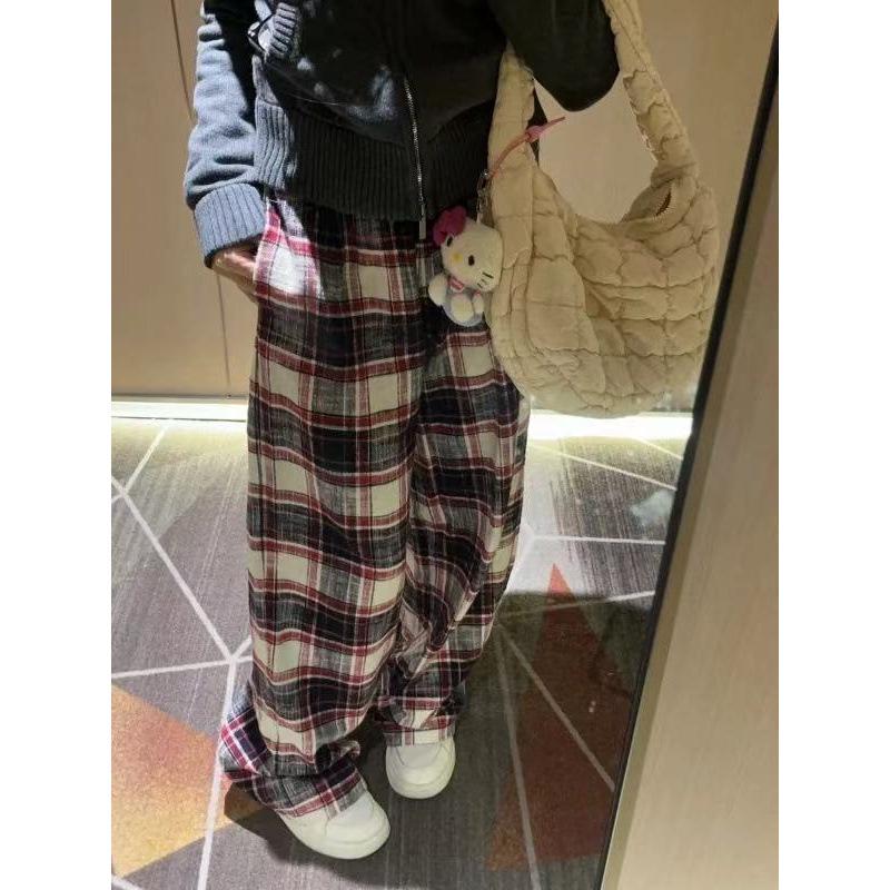 

Women s Plaid Wide-Leg Retro Pants - Tall, Floor-Length Casual for Spring & Autumn S