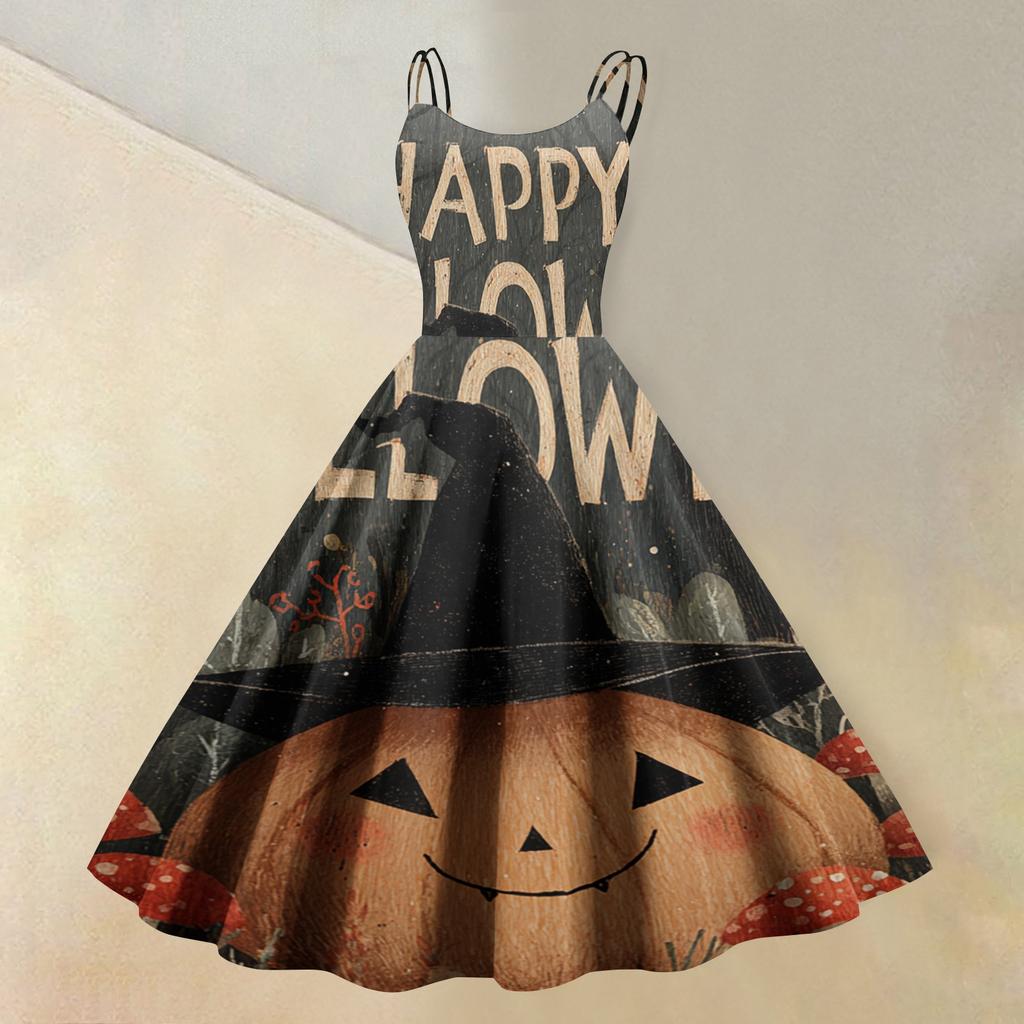 Women's Sleeveless Casual Dress with Halloween Print Round Neck Vintage Style Fit and Flare Midi Dress for Everyday Wear