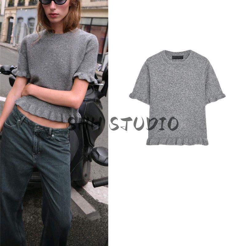 Autumn New Women's Clothing Idle Style round Neck Silm Short Sleeve Laminated Decoration Knitwear 2756130