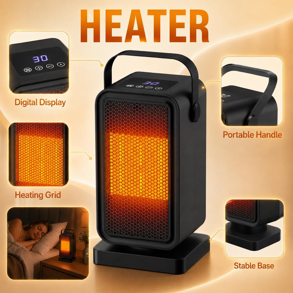Compact 800W Ceramic Heater for Bedroom, Portable Fan Heater for Home Indoor Use