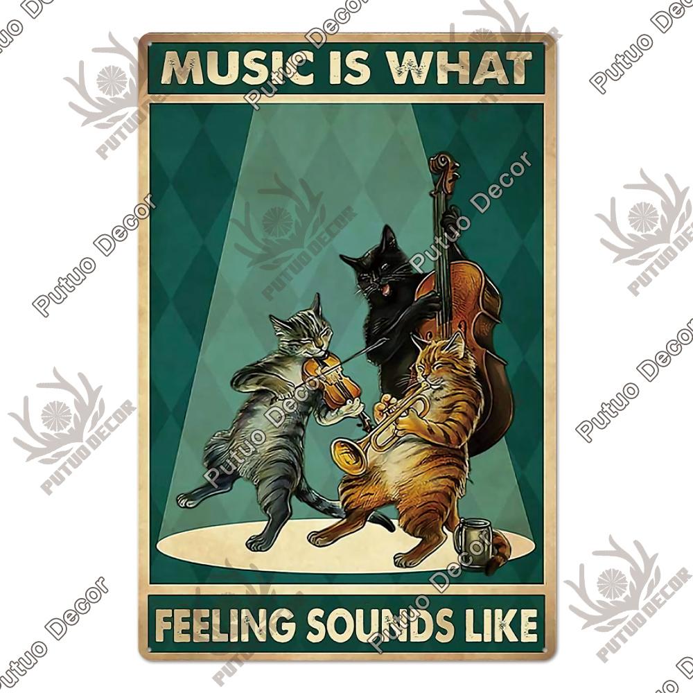 Putuo Decor Black Funny Cat Metal Sign Vintage Plaque Metal Retro Animals Tin Poster for Living Room Home Decoration Wall Decor