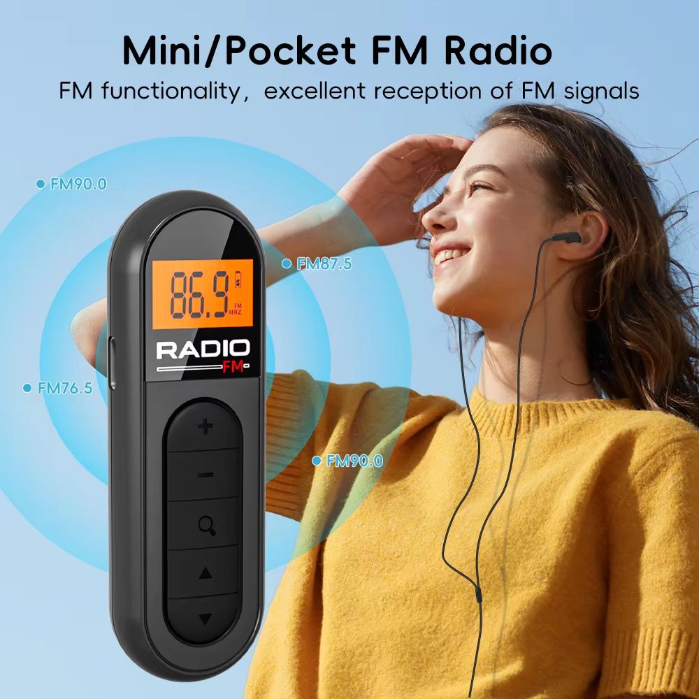 Mini Clip FM Radio Pocket Rechargeable Stereo Radio with LCD Display Wired 3.5mm Headphones For Meetings Tours Running