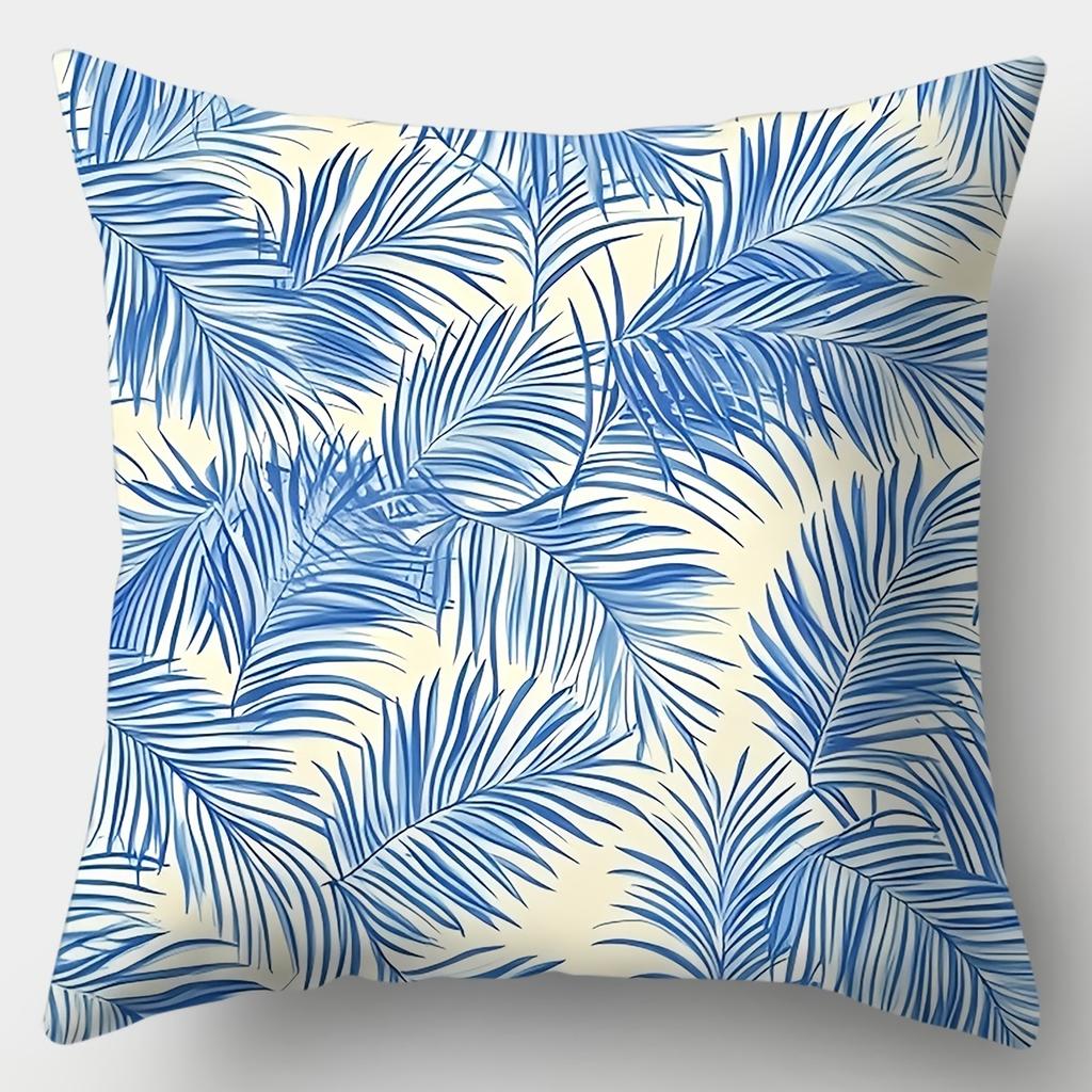 4-teiliges Set, Sofakissenbezug, Kissenbezug mit blauem Blattmuster, 45 cm * 45 cm, Einseitiger Druck, Heimdekoration, Lendenkissen für Sofa