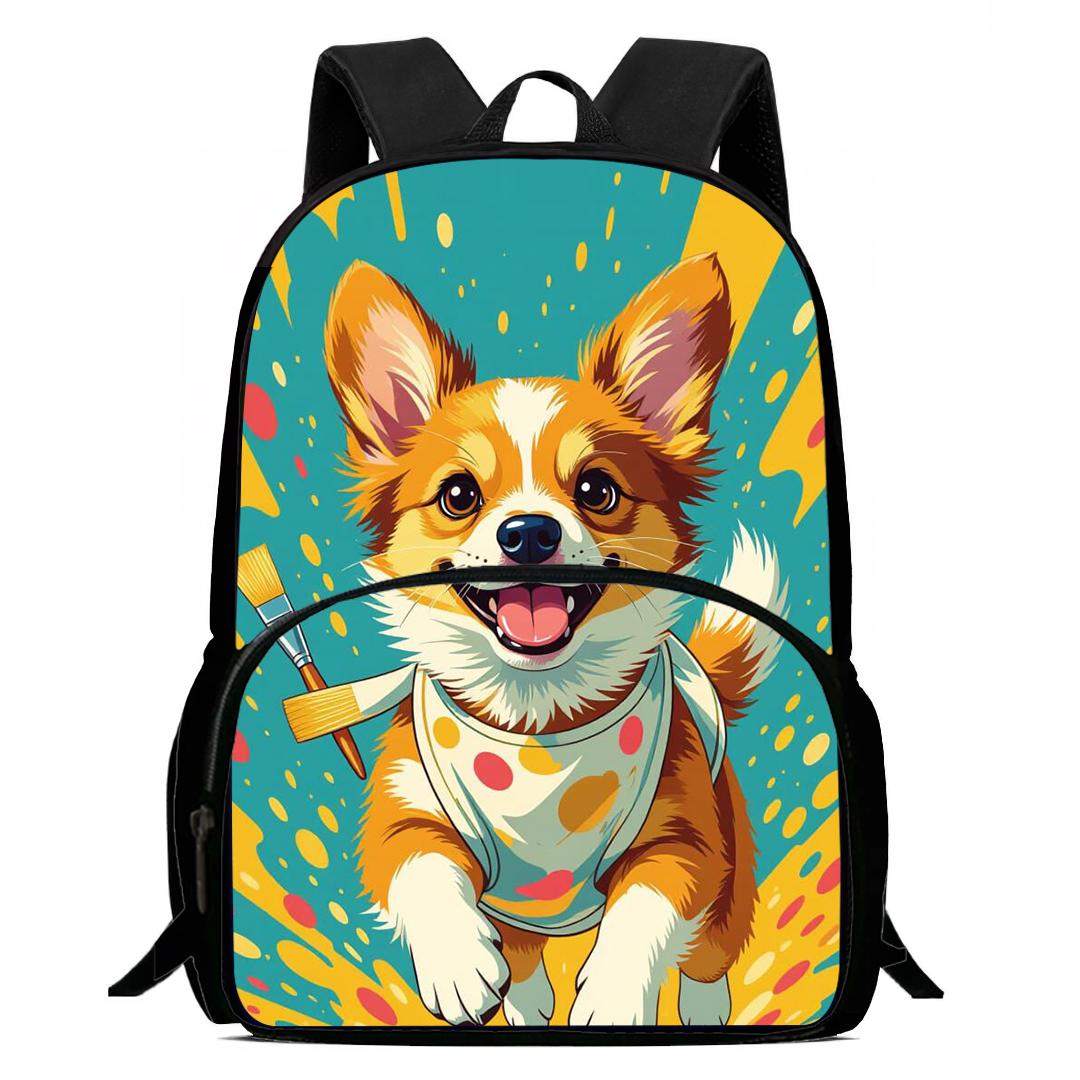 Kinder Cartoon Schooltassen Regenboog Corgi Bedrukte Kinderrugzak, Rugzakken met Grote Capaciteit voor Tienerstudenten, Tassen voor Jongens Meisjes