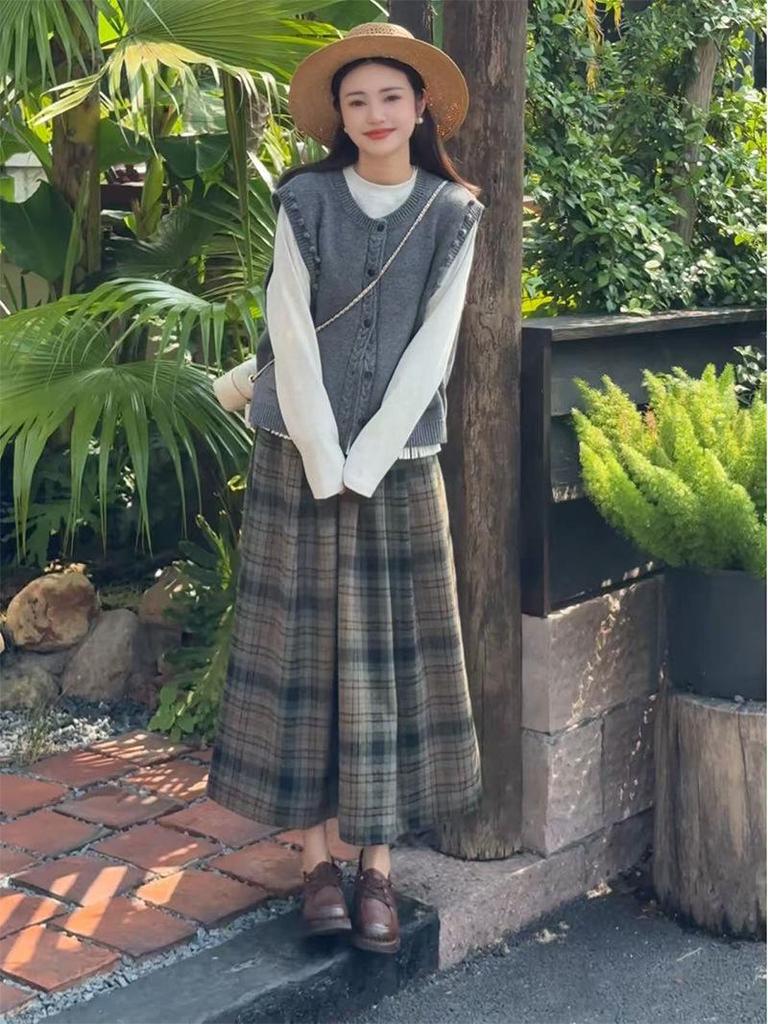 2025 New High-Waist A-Line Wool Plaid Skirt for Autumn/Winter