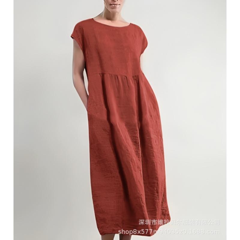 Summer Round Neck Solid Color Short-sleeved Dress Loose Cotton and Linen Pocket Women's Dress
