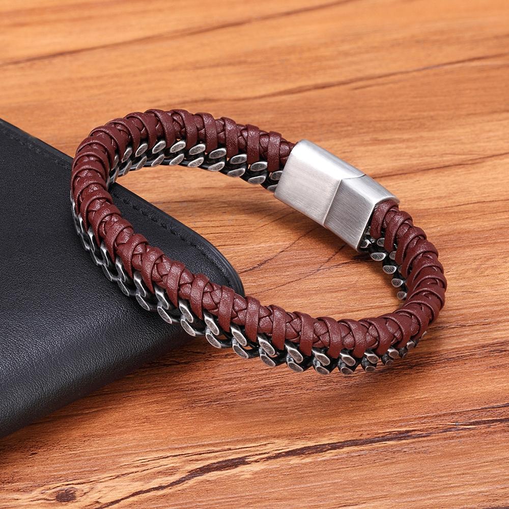 Luxury Vintage Handmade Leather Braid Men Bracelet Stainless Steel Buckle Business Men's Bangles for Friend Partner Lovers