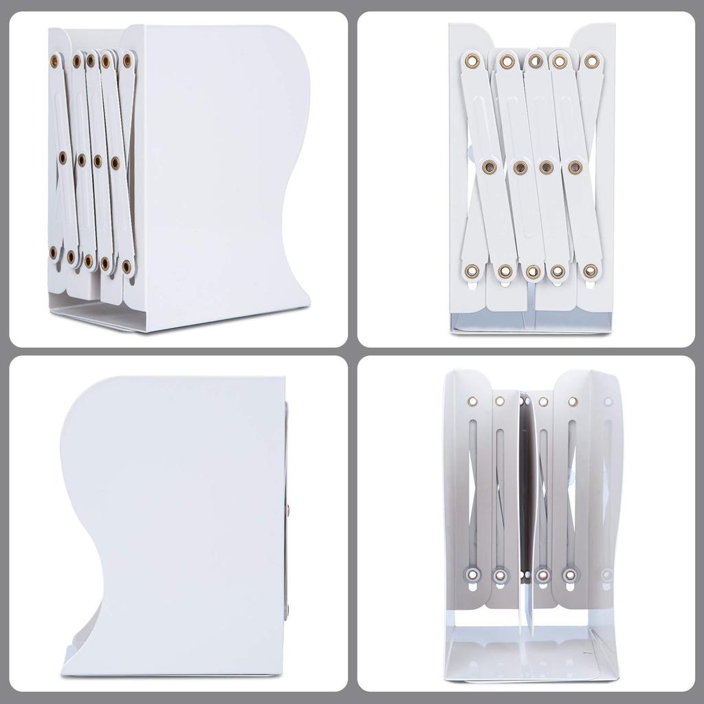 ALIOBC Extendable Metal Desktop Bookshelf with Magazine and Document Newspaper Retractable Office White Bookends, Anti-Tip Dividers, Storage, Files,