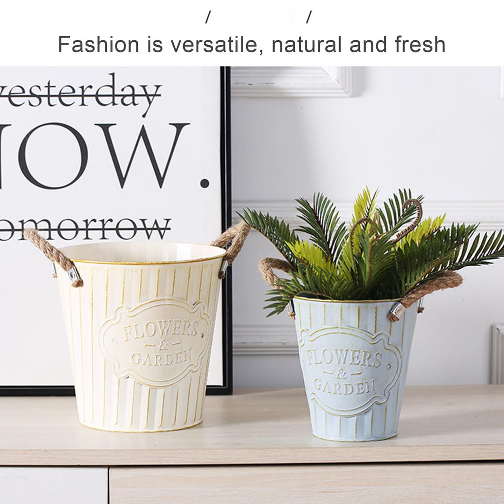 Vintage White Metal Planter Pot with Rope Handles 21cm Tall Drainage Hole Retro Style Flower Pot