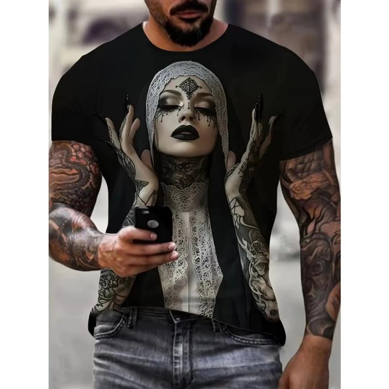 Męska Koszulka z Nadrukiem 3D Mroczna Zakonnica Tajemniczy Fajny Wzór T-shirty Letnie Codzienne Okrągły Dekolt Krótki Rękaw Topy Koszulki Streetwear