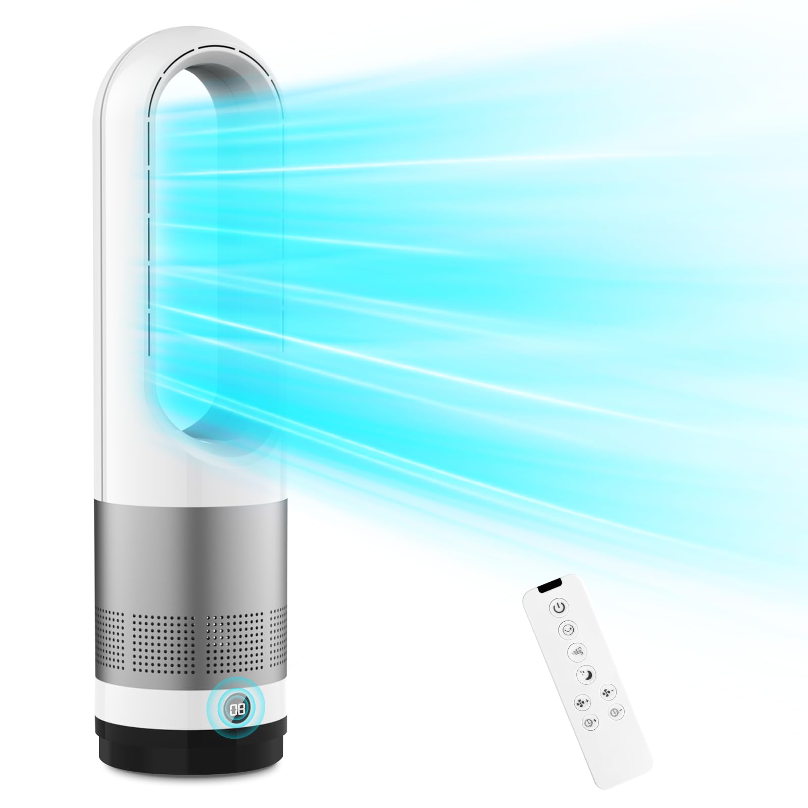 Ventilateur tour LRIO Moteur CC Facture électrique Électrique Sans pales Salon Sans pales CC Silencieux 8 niveaux d'air Lumière Forte Grande Air Gauche et Droite 9H Off