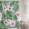 Tropical Shower Curtain Botanical Bathroom Decor with Hooks, Green Monstera Leaves & Pink Hibiscus Flowers On White Background