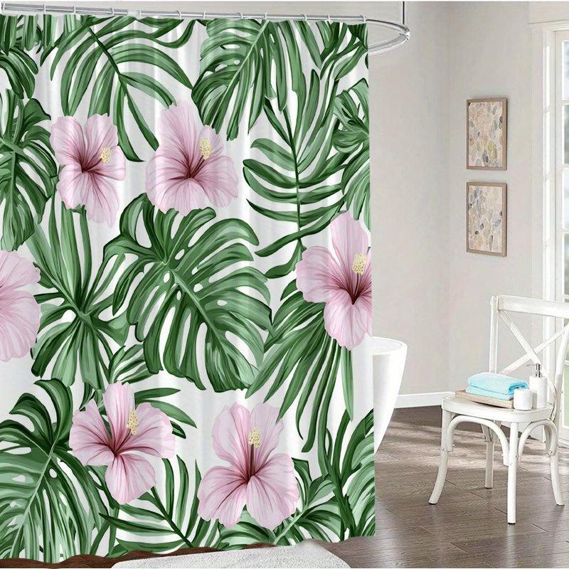 Tropical Shower Curtain Botanical Bathroom Decor with Hooks, Green Monstera Leaves & Pink Hibiscus Flowers On White Background