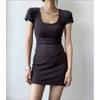 2026 New Spice Girl Tight Solid Color U-neck Short-sleeved Dress for Women's Fashion and Thin Close-fitting Hip-wrapped Short Skirt