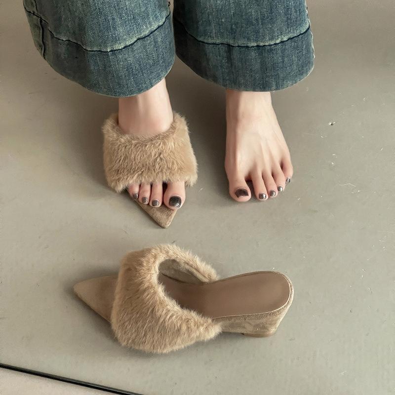 Pointed Suede Versatile Fluffy Slippers Outer Wear Autumn and Winter Fashion To Increase Temperament Girls Slope Heel One-word Trend