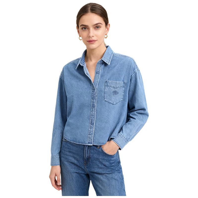 Gap Women s 2025 Autumn Embossed Logo Washed Cotton Loose Denim Shirt 175/96A