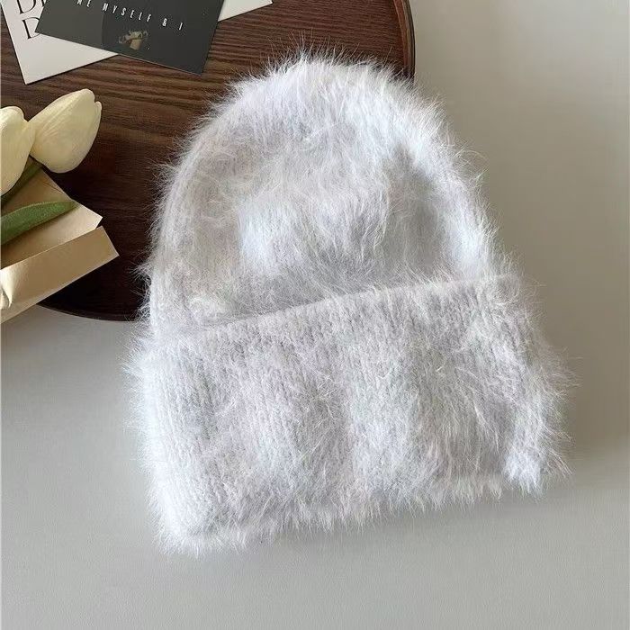 Women Winter Soft Faux Mink Fur Knitted Beanie, Japanese & Korean Style Warm Thick Cashmere-Like Rolled Edge Hat, Cozy Fluffy Purple Knit Cap