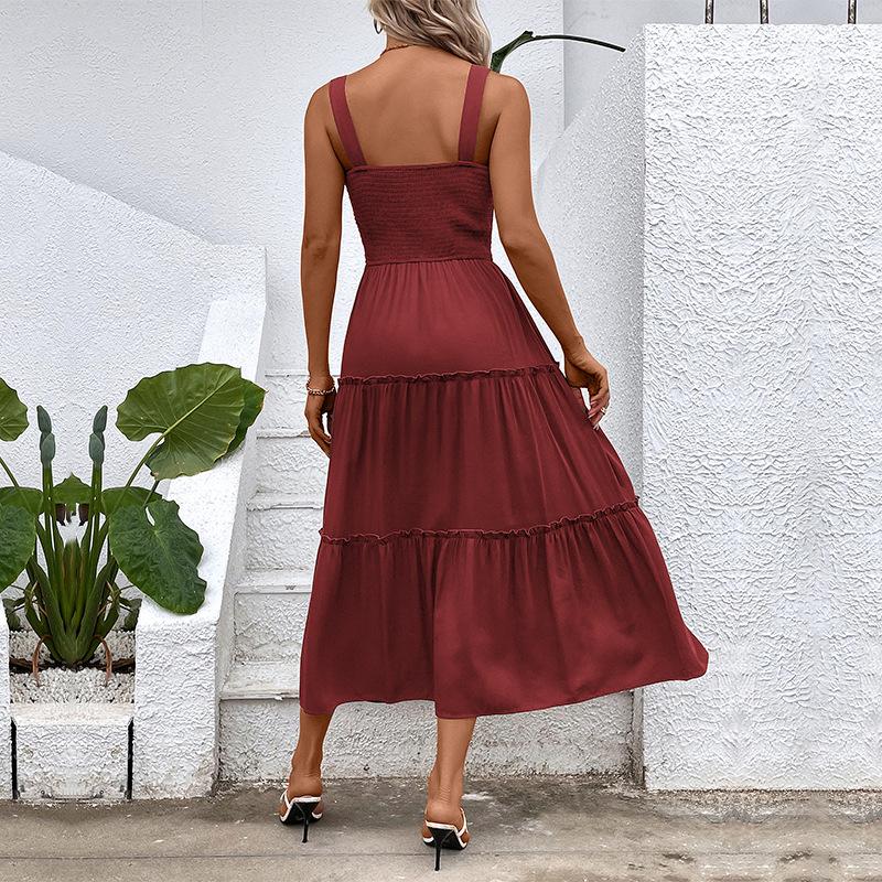 Summer Women Solid Color Strap Dress Sexy Long Ruffled