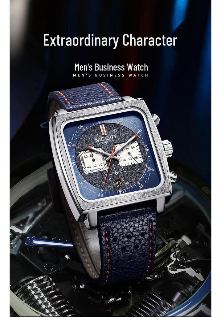 MEGIR Men's Square Genuine Leather Chronograph Quartz Watch