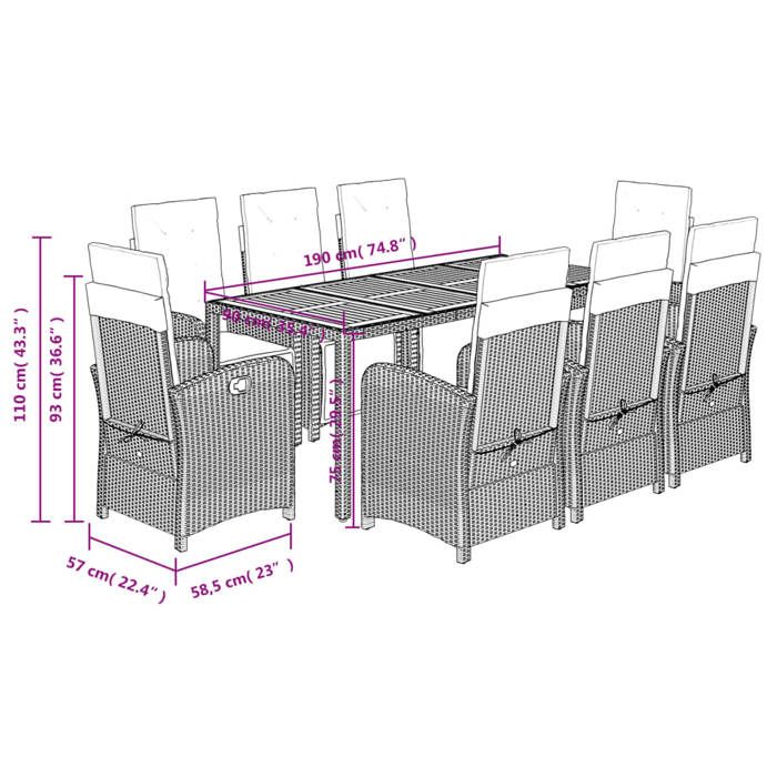 VidaXL Ensemble à Manger de Jardin avec Coussins 9 pcs, Table et Chaises avec Dossier et Repose-pied Réglables, Meubles 3212479