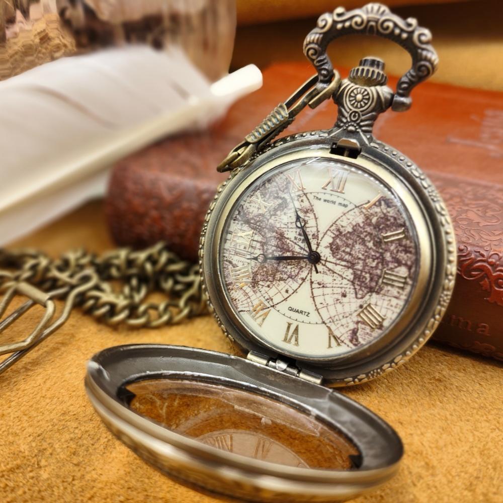 Tea Colored Glass Double Earth Pattern Pocket Watch, Unisex Casual Quartz Retro Pocket Watch.