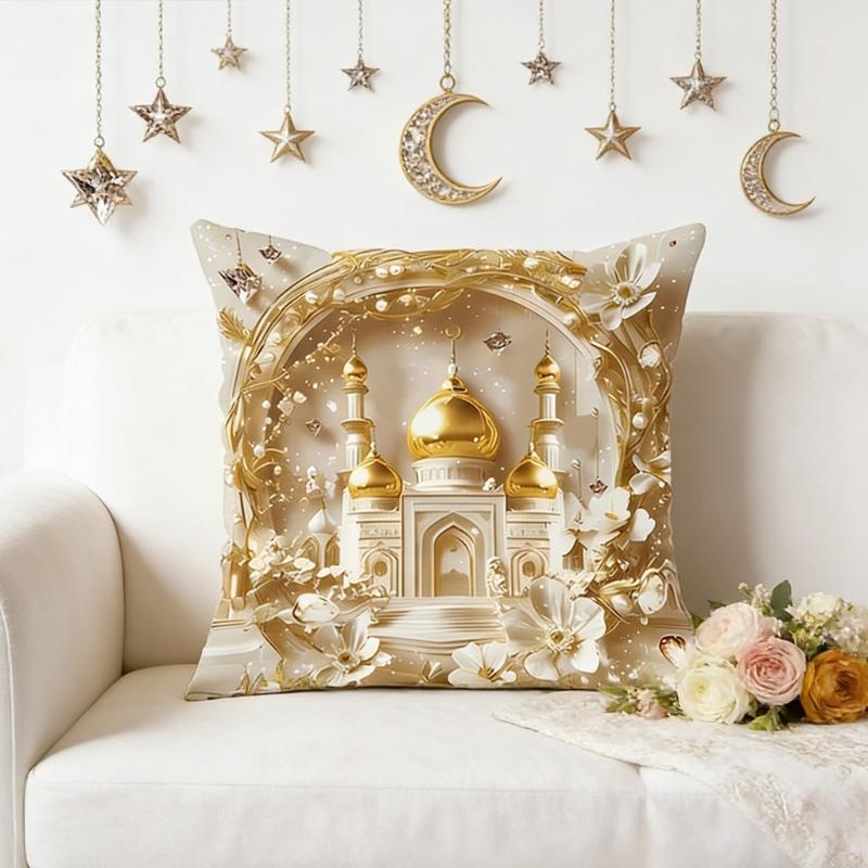 Soft Short Plush Cushion Cover Gold Moon Ethnic Festival Print 45x45cm Standard Size for Home Decoration