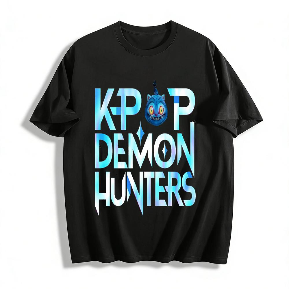 

K-Pop Demon Hunters Fun Cat Print T-Shirt Trendy Top For K-Culture Lovers Pure cotton T-shirt XXS