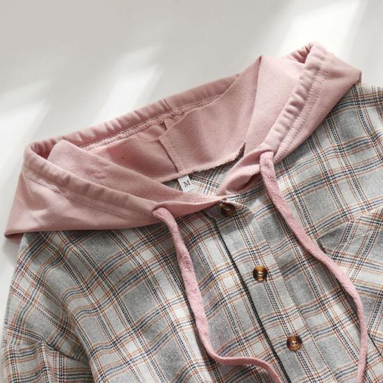 Women Coat Plaid Single-breasted Hooded Pocket Spring Shirt for Daily Wear