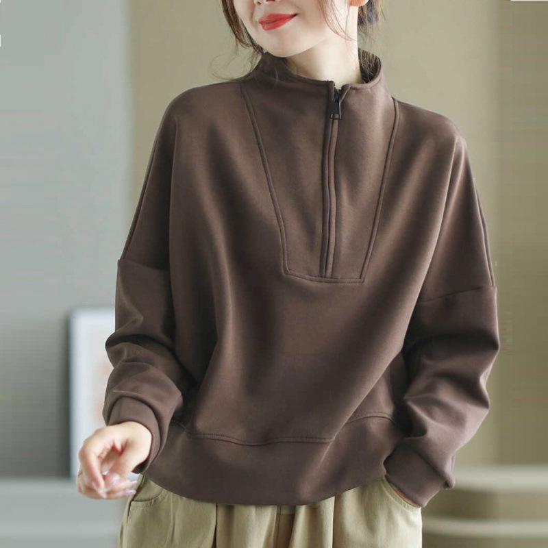 Damen Herbst/Winter Sweatshirt mit Stehkragen und halbem Reißverschluss: Modischer Pullover mit langen Ärmeln in lockerer Passform für lässige Übergrößen