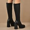 Fashion Platform Plus Size 42 Knee-High Boots Black Thick High Heels Square Toe Slip-On Black Sexy Thigh High Heels Womens Shoes