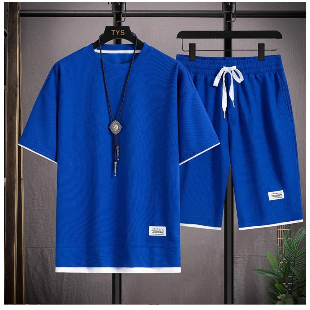 Nieuw Wafel Zomerpak voor Heren Casual T-shirt + Korte Broek Pak Heren Trainingspak Effen Kleur Trainingspak Los Pak