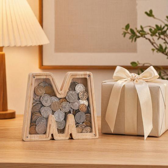 Wooden Piggy Bank with Clear Window, A-Z Letter Coin Cash Container for Kids Adults, Unbreakable Money Saving Box Decoration