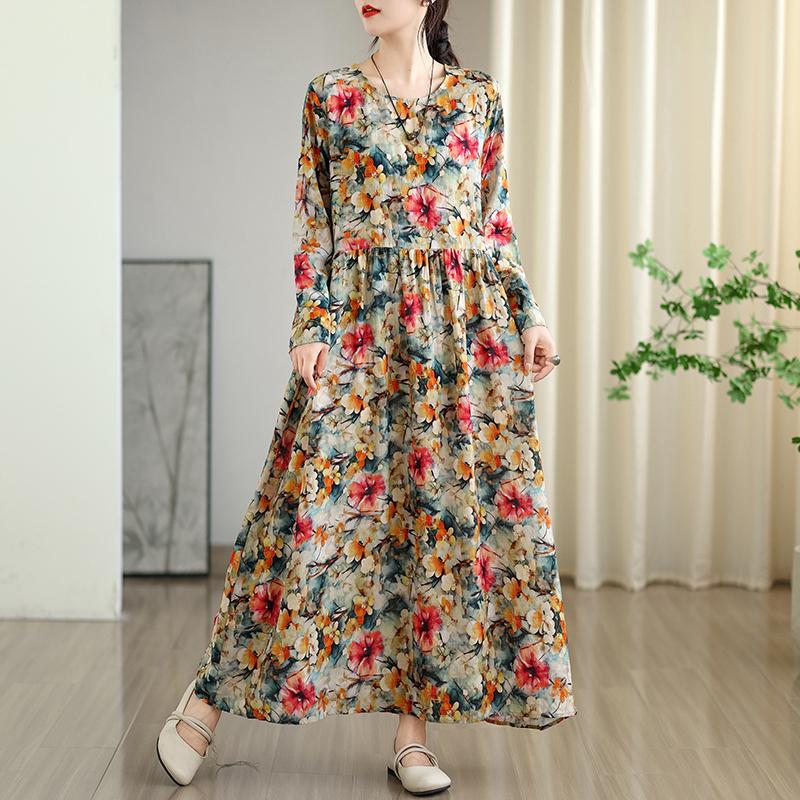 Dimanaf New 2025 Women Plus Size Spring Long Dress Loose Basic Vintage Oversize Long Sleeve Maxi Floral