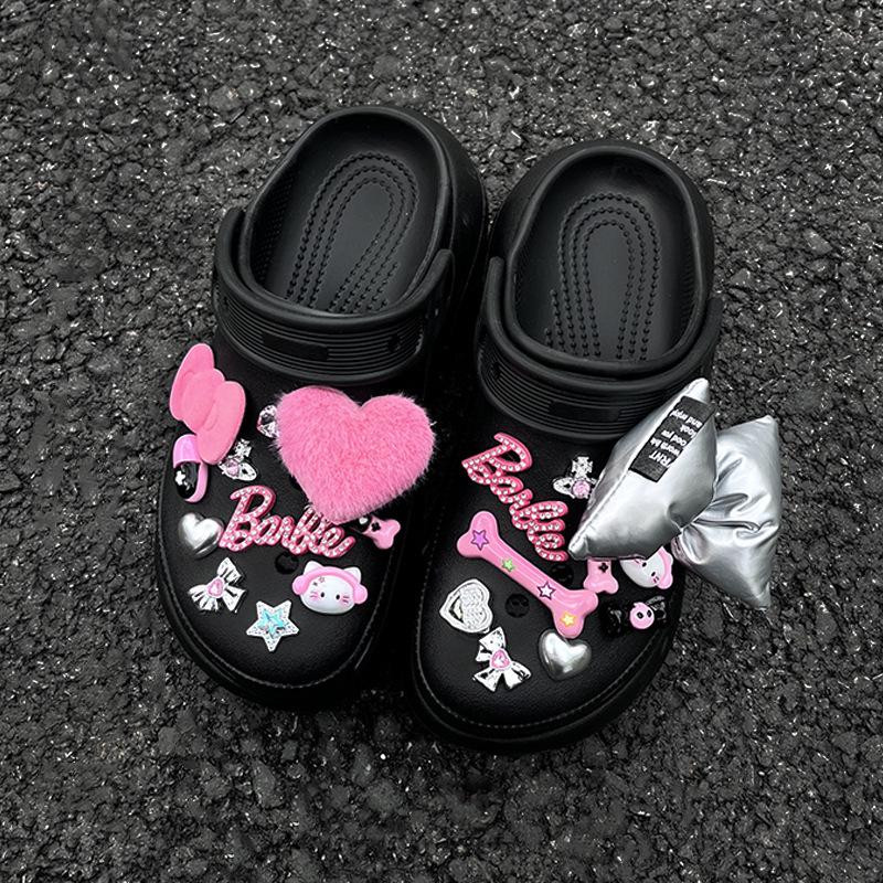 Croc Accessories: DIY Barbie Pink Y2K Emo Shoe Charms with Dark Butterfly Heart Design