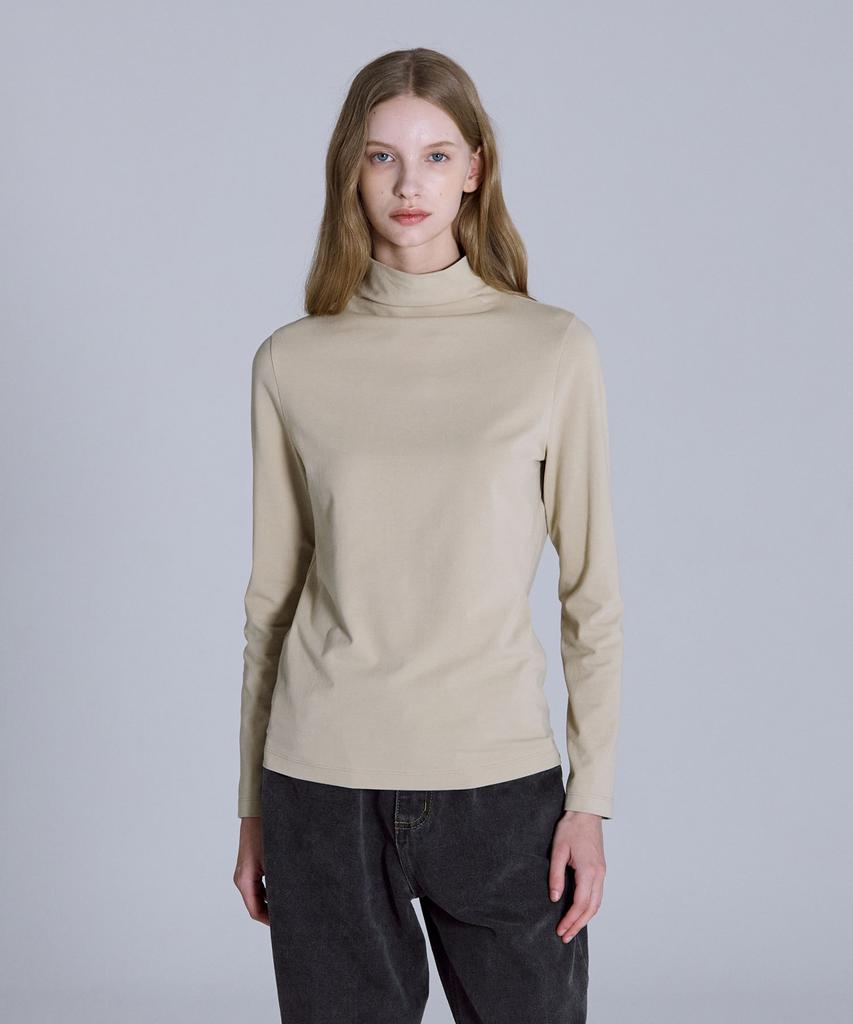 BASIC HOUSE Women'S High-Neck Stretch Long-Sleeve T-Shirt Beige Lats0219