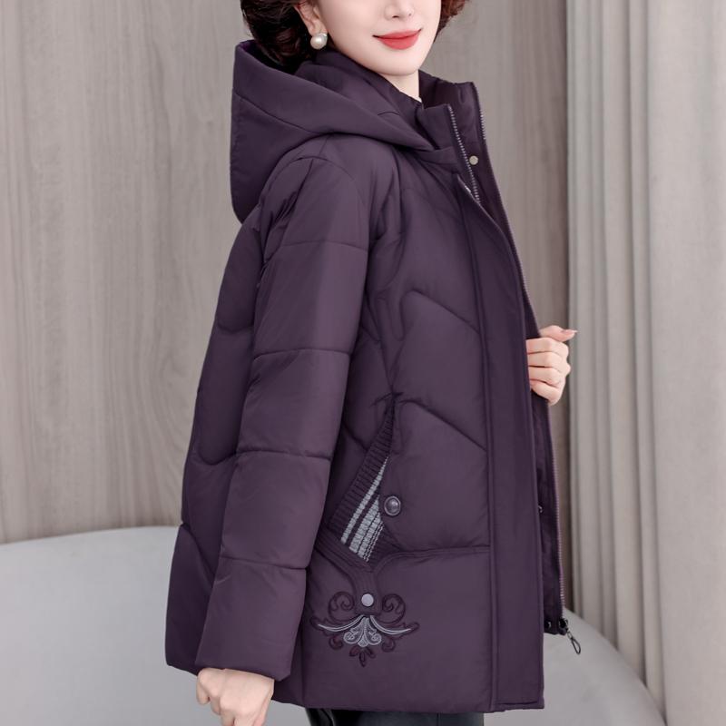 Plus Size XL-5XL Middle Age Woman Winter Coats Hooded Elegant Loose Thick Warm Embroidery Parkas Female Jacket