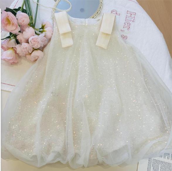 Girls Summer Sleeveless Dress Fashionable Solid Sequin Mesh Vest Dress Chic Premium Children Princess Party Gown 90cm
