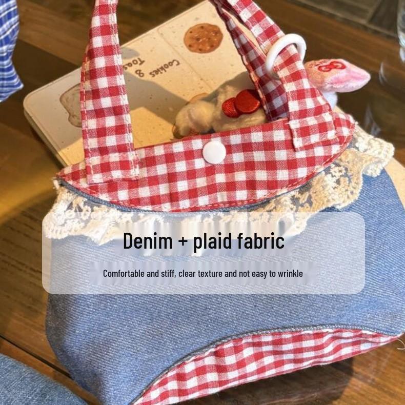 Korean Artistic Retro Plaid Handbag with Lace Trim In Red & Blue