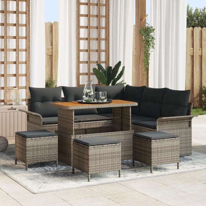 Ensemble de Canapé de Jardin de 9 Pièces avec Coussins Gris Poly Rattan Acacia, Canapé de Jardin 2 Places avec Coussins Gris 3362143