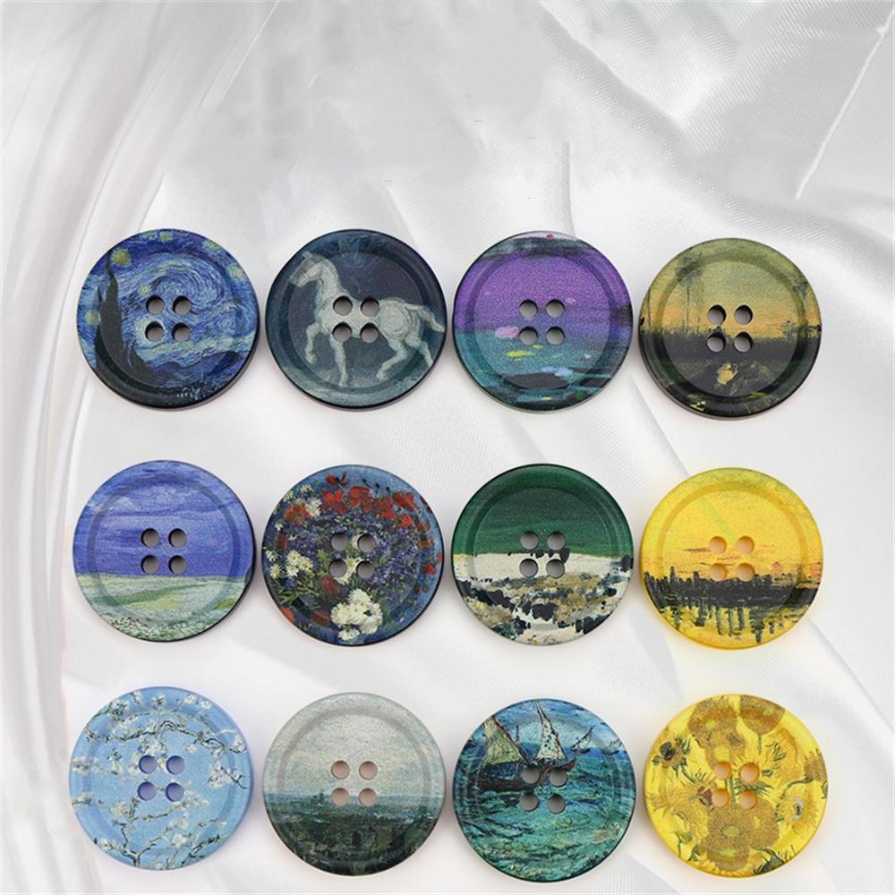 Resin Round 4 Holes Buttons Landscape Print 21Mm-34Mm Diy Handmade Sewing Accessories For Clothing Decorative Buttons Tool 5Pcs