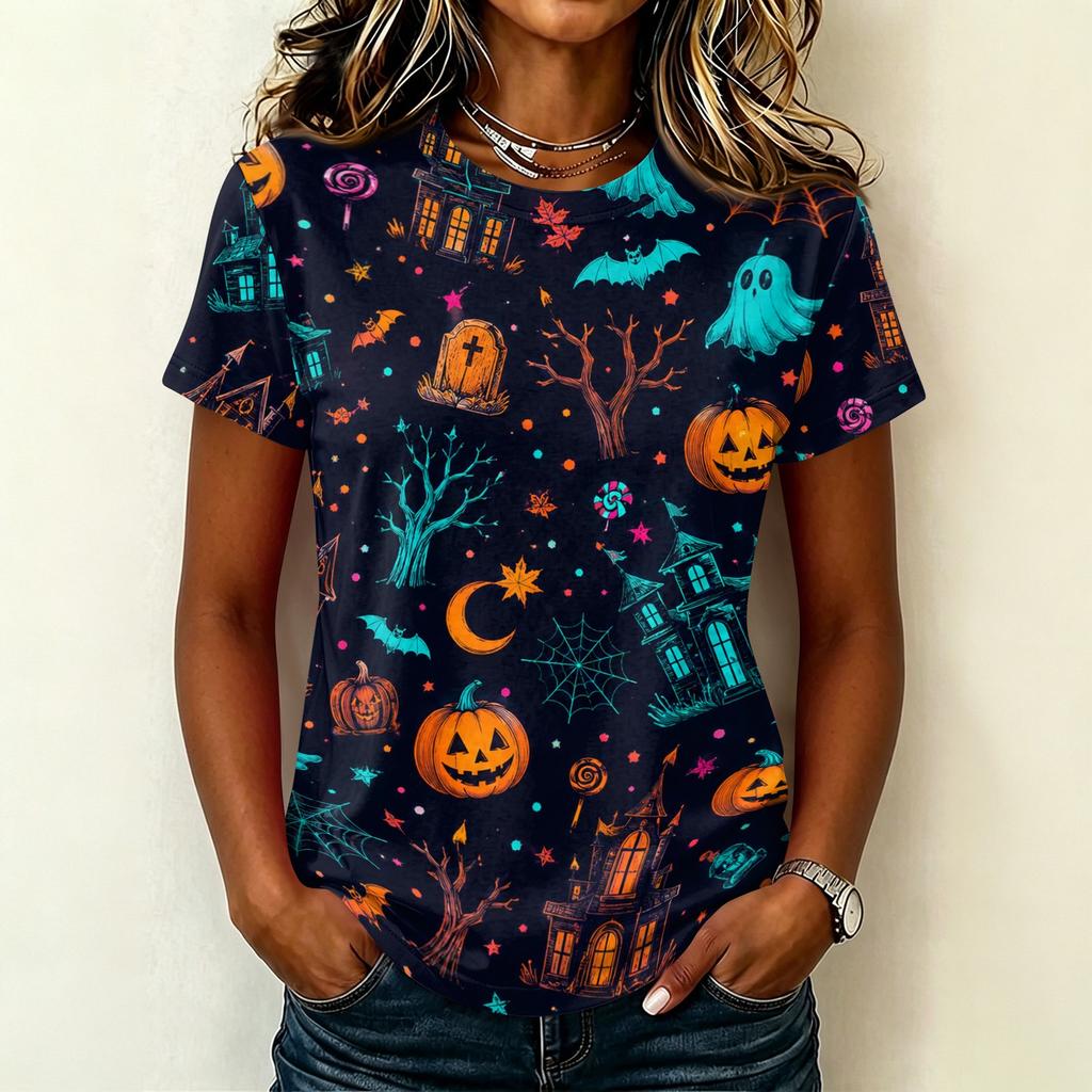 Ladies Casual Pullover Short Sleeve T Shirt Halloween Print Crew Neck Top Halloween Themed Graphic Tee for Women