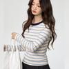 Contrast Color Striped Round Neck Long Sleeve T-Shirt Women's New Autumn Winter Slim Fit Bottoming Top