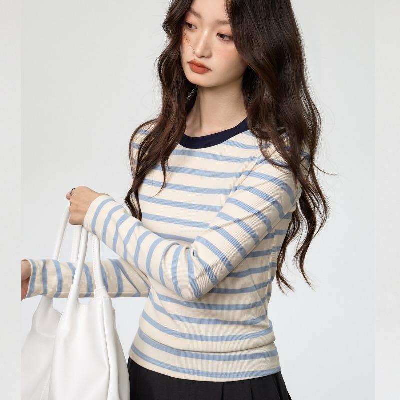 Contrast Color Striped Round Neck Long Sleeve T-Shirt Women's New Autumn Winter Slim Fit Bottoming Top